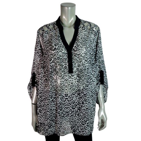 I.N. Studio Tops - IN Studio Top Plus Size 2X Leopard Print Tab Sleeve Sheer Pullover Black Cut Out